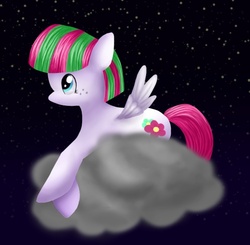 Size: 578x567 | Tagged: safe, artist:dauntess, blossomforth, pegasus, pony, g4, cloud, female, mare, night, profile, prone, solo