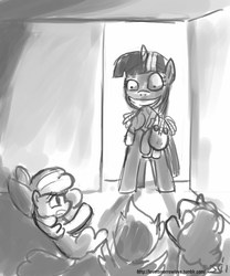 Size: 833x1000 | Tagged: safe, artist:johnjoseco, apple bloom, scootaloo, smarty pants, sweetie belle, twilight sparkle, earth pony, pegasus, pony, unicorn, g4, lesson zero, crossover, cutie mark crusaders, doorway, female, filly, goofy time, grayscale, insanity, meme, monochrome, mouth hold, twilight snapple