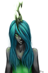 Size: 590x900 | Tagged: safe, artist:missmaeko, queen chrysalis, changeling, changeling queen, human, g4, breasts, bust, female, hair over one eye, horn, horned humanization, humanized, looking at you, pony coloring, simple background, solo, white background