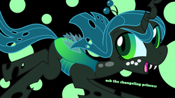 Size: 1366x768 | Tagged: safe, artist:syggie, queen chrysalis, changeling, changeling queen, nymph, ask the changeling princess, g4, abstract background, crown, cute, cutealis, fangs, female, filly, filly queen chrysalis, foal, freckles, jewelry, looking at you, open mouth, princess chrysalis, regalia, running, smiling, smiling at you, solo, text, wallpaper, younger