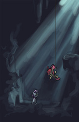 Size: 825x1275 | Tagged: safe, artist:jump-cut, apple bloom, sweetie belle, earth pony, pony, unicorn, g4, cave, crepuscular rays, duo, duo female, female, filly, hanging, reaching, rescue, rope, sitting, spelunking