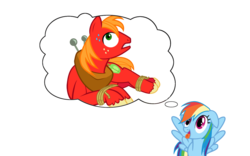 Size: 1427x892 | Tagged: safe, big macintosh, rainbow dash, earth pony, pegasus, pony, g4, bound, daydream, female, male, mare, rope, stallion, thought bubble, tongue out, wingboner