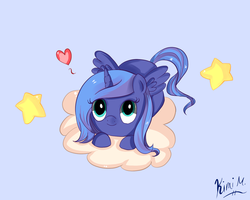 Size: 1373x1101 | Tagged: safe, artist:pklove-chan, princess luna, alicorn, pony, g4, cloud, female, filly, foal, heart, prone, s1 luna, simple background, solo, stars, woona, younger