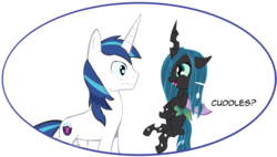 Size: 900x511 | Tagged: artist needed, safe, queen chrysalis, shining armor, changeling, changeling queen, nymph, pony, unicorn, g4, eye contact, female, looking at each other, male, simple background, stallion, transparent background