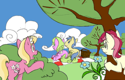 Size: 1000x638 | Tagged: safe, artist:elosande, daisy, flower wishes, goldengrape, lily, lily valley, roseluck, sir colton vines iii, earth pony, pony, g4, basket, colored, daisygrape, female, flower trio, male, mare, picnic, picnic basket, picnic blanket, prone, shipping, spying, stallion, straight, tree