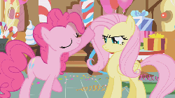 Size: 720x405 | Tagged: safe, screencap, fluttershy, pinkie pie, earth pony, pegasus, pony, g4, griffon the brush off, season 1, animated, annoyed, duo, duo female, female, fluttershy is not amused, gif, head pat, mare, pat, sugarcube corner, unamused