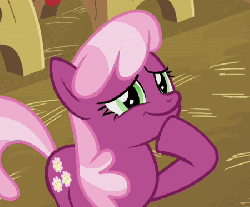 Size: 450x374 | Tagged: safe, screencap, cheerilee, earth pony, pony, hearts and hooves day (episode), animated, female, gif, hearts and hooves day, mare, reaction image, smiling, solo, stifling laughter, thinking
