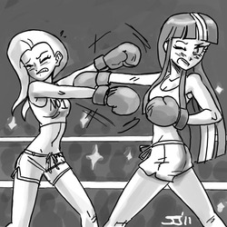 Size: 700x700 | Tagged: safe, artist:johnjoseco, trixie, twilight sparkle, human, g4, 2010s, 2012, belly button, boxing, boxing gloves, boxing ring, camera flashes, clothes, comedy, crowd, duo, eyes closed, female, grayscale, gym shorts, humanized, midriff, monochrome, multicolored hair, ring, shorts, side slit, sissy slap fight, skinny, sports bra, tank top, thin, tomboy, watermark, white hair