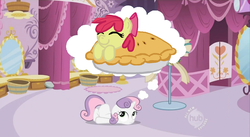Size: 851x468 | Tagged: artist needed, safe, apple bloom, sweetie belle, pony, unicorn, g4, daydream, female, filly, food, pie, ponies in food, prone, scootie belle, thought bubble
