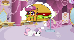 Size: 851x468 | Tagged: safe, scootaloo, sweetie belle, pony, unicorn, g4, daydream, female, filly, ponies in food, prone, scootaburger, scootie belle