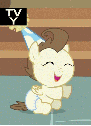 Size: 272x374 | Tagged: safe, screencap, pound cake, pegasus, pony, baby cakes, g4, animated, baby, baby pony, cropped, diaper, diapered, diapered colt, gif, male, one month old colt, sitting, solo, tv rating, tv-y, white diaper