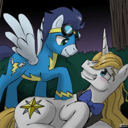 Size: 700x700 | Tagged: safe, artist:johnjoseco, prince blueblood, soarin', pegasus, pony, unicorn, g4, clothes, crack shipping, duo, duo male, eye contact, gay, goggles, grin, looking at each other, looking back, male, night, prone, shipping, smiling, soarinblood, spread wings, stallion, uniform, wings, wonderbolts uniform