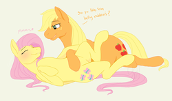 Size: 1713x1011 | Tagged: dead source, safe, artist:cartoonlion, applejack, fluttershy, earth pony, pegasus, pony, g4, bellyrubs, blushing, duo, eyes closed, female, lesbian, mare, missing accessory, on back, prone, ship:appleshy, shipping, simple background, yellow background