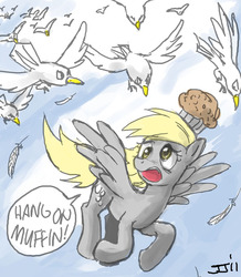 Size: 720x826 | Tagged: safe, artist:johnjoseco, derpy hooves, bird, pegasus, pony, seagull, g4, female, flying, mare, muffin, solo