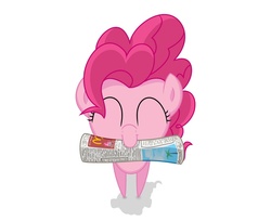 Size: 941x768 | Tagged: safe, artist:frankier77, pinkie pie, earth pony, pony, g4, behaving like a dog, eyes closed, female, mare, mouth hold, newspaper, pov, smiling, solo