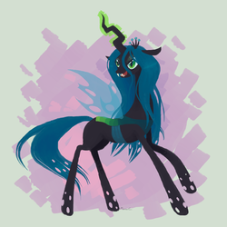 Size: 800x800 | Tagged: safe, artist:stapledslut, queen chrysalis, changeling, changeling queen, g4, abstract background, crown, fangs, female, frown, glowing horn, horn, jewelry, magic, open mouth, raised hoof, regalia, smiling, solo, standing, transparent wings, wings