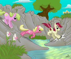 Size: 1600x1328 | Tagged: safe, artist:elosande, daisy, flower wishes, lily, lily valley, roseluck, earth pony, pony, g4, colored, female, flower, flower trio, jumping, mare, running, smiling, trio, trio female