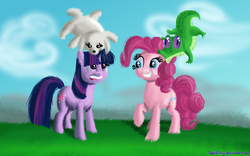 Size: 1024x640 | Tagged: safe, artist:deathpwny, gummy, pinkie pie, twilight sparkle, dog, earth pony, pony, unicorn, g4, female, fluffy, mare