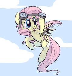 Size: 787x830 | Tagged: safe, artist:php27, fluttershy, pegasus, pony, g4, cute, female, flying, goggles, mare, moe, sky, smiling, solo
