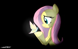 Size: 1244x792 | Tagged: safe, artist:walliscolours, fluttershy, butterfly, pegasus, pony, g4, darkness, female, light in the dark, mare, smiling, solo