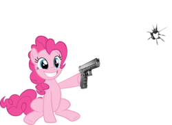 Size: 1739x1261 | Tagged: artist needed, safe, pinkie pie, earth pony, pony, g4, bullet hole, female, fourth wall, gun, mare, simple background, sitting, smiling, solo, transparent background, weapon