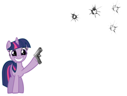 Size: 2019x1517 | Tagged: artist needed, safe, twilight sparkle, pony, unicorn, g4, bullet hole, female, fourth wall, gun, mare, simple background, smiling, solo, transparent background, unicorn twilight, weapon