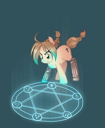 Size: 500x608 | Tagged: safe, artist:author-chan, earth pony, pony, amputee, automail, edward elric, fullmetal alchemist, male, ponified, prosthetic limb, prosthetics, solo, stallion, transmutation circle