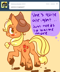 Size: 450x532 | Tagged: source needed, safe, artist:clockworkquartet, applejack, earth pony, pony, g4, ask, dirty, female, mare, mud, raised hoof, rear view, smiling, solo