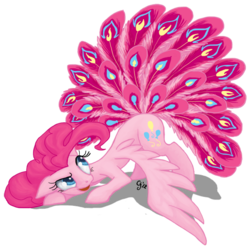 Size: 605x600 | Tagged: safe, artist:gingerfoxy, pinkie pie, pegasus, pony, g4, buraq, female, floppy ears, grin, hilarious in hindsight, looking back, mare, peacock feathers, pegasus pinkie pie, race swap, simple background, smiling, solo, tail, tail feathers, transparent background