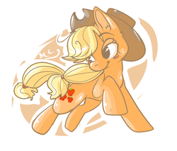 Size: 700x600 | Tagged: safe, artist:clockworkquartet, applejack, earth pony, pony, g4, abstract background, female, leaping, looking back, mare, smiling, solo