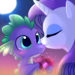 Size: 2222x2222 | Tagged: safe, artist:jacky-bunny, rarity, spike, dragon, pony, unicorn, g4, blushing, dilated pupils, eyes closed, female, fire ruby, gem, heart, high res, interspecies, kissing, male, mare, moon, ruby, ship:sparity, shipping, spikelove, stars, straight