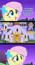 Size: 600x1100 | Tagged: safe, artist:doctorxfizzle, edit, edited screencap, screencap, fluttershy, pegasus, pony, g4, the best night ever, at the gala, canterlot, clothes, comic, dress, female, gala dress, lip bite, mare, misheard, night, solo focus, song reference
