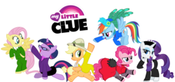 Size: 900x422 | Tagged: safe, artist:doctorxfizzle, applejack, fluttershy, pinkie pie, rainbow dash, rarity, twilight sparkle, earth pony, pegasus, pony, unicorn, g4, board game, clothes, clue, cluedo, colonel mustard, crossover, female, mane six, mare, miss scarlet, mr. green, mrs. peacock, mrs. white, professor plum, simple background, transparent background