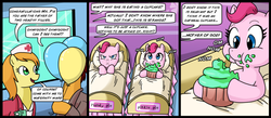 Size: 900x394 | Tagged: safe, artist:madmax, pinkie pie, earth pony, pony, g4, baby, baby pony, balloon, comic, cupcake, eating, female, food, male, mare, maternity ward, oatmeal, oats, stallion