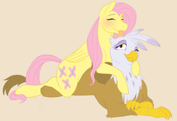 Size: 1716x1174 | Tagged: dead source, safe, artist:cartoonlion, fluttershy, gilda, griffon, pegasus, pony, g4, blushing, female, gildashy, grooming, lesbian, licking, mare, on top, prone, shipping, simple background, smiling