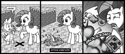 Size: 900x394 | Tagged: safe, artist:madmax, rarity, spike, dragon, pony, unicorn, g4, comic, creeper (minecraft), crossover, digging, explosion, female, male, mare, minecraft, monochrome, never dig straight down, shovel