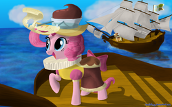 Size: 2000x1250 | Tagged: safe, artist:deathpwny, applejack, chancellor puddinghead, pinkie pie, smart cookie, earth pony, pony, g4, clothes, costume, duo, duo female, female, flag, hat, map, mare, ocean, raised hoof, ruff (clothing), ship