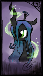 Size: 1208x2116 | Tagged: dead source, safe, artist:dagmlp, queen chrysalis, changeling, changeling queen, g4, bust, female, frown, glowing horn, horn, looking away, magic, mare, portrait, signature, solo, stray strand, three quarter view