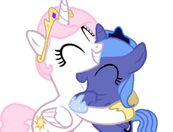 Size: 509x388 | Tagged: safe, artist:portalisawesome, princess celestia, princess luna, alicorn, pony, g4, ^^, cewestia, cute, duo, duo female, eyes closed, female, filly, foal, hug, pink-mane celestia, recolor, sibling love, simple background, sisterly love, smiling, transparent background, woona
