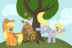 Size: 936x624 | Tagged: safe, artist:shutterflye, applejack, derpy hooves, earth pony, pegasus, pony, g4, applebucking, cart, disbelief, duo, duo female, female, mare, muffin, tongue out, tree