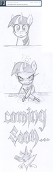 Size: 980x3159 | Tagged: safe, artist:skutchi, twilight sparkle, pony, unicorn, g4, comic, epic meal time, female, knife, looking at you, mare, monochrome, smiling, smirk, solo