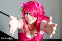 Size: 900x600 | Tagged: safe, artist:breefaith, artist:thebigtog, pinkie pie, human, g4, anime boston, anime boston 2012, brittany lauda, cleavage, clothes, cosplay, dress, female, hair over one eye, irl, irl human, jewelry, necklace, pearl necklace, photo, solo