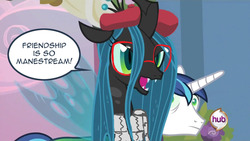 Size: 1000x564 | Tagged: safe, edit, edited screencap, screencap, queen chrysalis, shining armor, changeling, changeling queen, pony, unicorn, a canterlot wedding, g4, season 2, clothes, duo, female, glasses, hat, hipster, hub logo, male, stallion, sweater