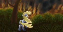 Size: 1200x620 | Tagged: safe, artist:arrkhal, derpy hooves, pegasus, pony, g4, epic derpy, female, fire, floppy ears, forest fire, mare, rear view, solo, tree, windswept mane