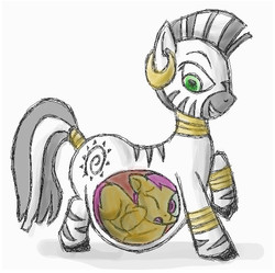 Size: 580x578 | Tagged: dead source, safe, artist:secretgoombaman12345, scootaloo, zecora, pegasus, pony, zebra, g4, belly, eaten alive, female, femdom, femsub, filly, filly prey, internal, submissive, vore, x-ray, zecorapred