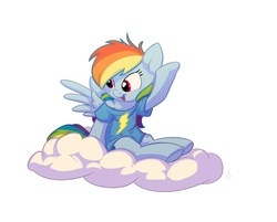 Size: 994x800 | Tagged: safe, artist:carnifex, rainbow dash, pegasus, pony, g4, clothes, cloud, cute, dashabetes, female, filly, filly rainbow dash, pajamas, shirt, sitting, smiling, solo, t-shirt, younger