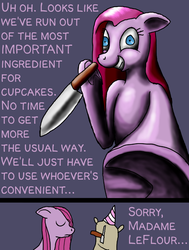 Size: 750x993 | Tagged: safe, artist:arrkhal, madame leflour, pinkie pie, earth pony, pony, fanfic:cupcakes, g4, comic, female, knife, mare, pinkamena diane pie