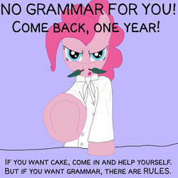 Size: 900x900 | Tagged: safe, artist:arrkhal, pinkie pie, earth pony, pony, g4, clothes, female, grammar nazi, looking at you, mare, pointing, pun, shirt, solo, soup nazi