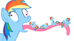 Size: 834x466 | Tagged: safe, rainbow dash, pegasus, pony, g4, dashstorm, derp, female, impossibly long tongue, mare, micro, multeity, pun, self ponidox, taste the rainbow, tongue out, visual pun, wat