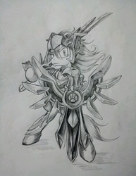 Size: 954x1237 | Tagged: safe, artist:discommunicator, semi-anthro, crossover, league of legends, leona, monochrome, shield, solo, sword, traditional art, weapon